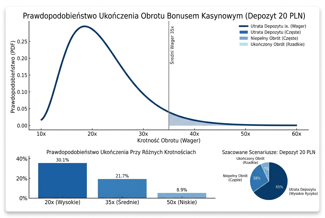 Wykresy analizy statystycznej prawdopodobieństwa obrotu bonusem przy niskim depozycie