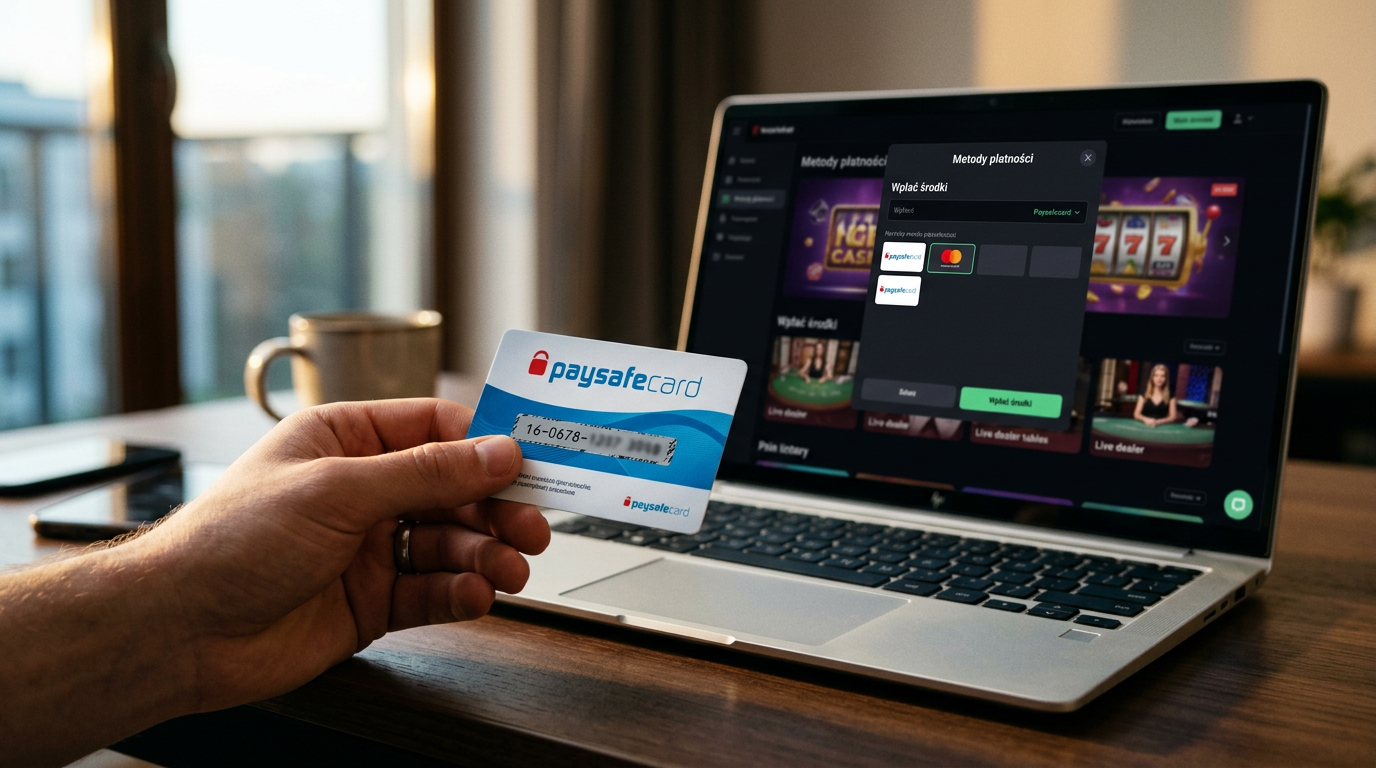 Osoba trzymająca kupon Paysafecard przed ekranem z kasynem online