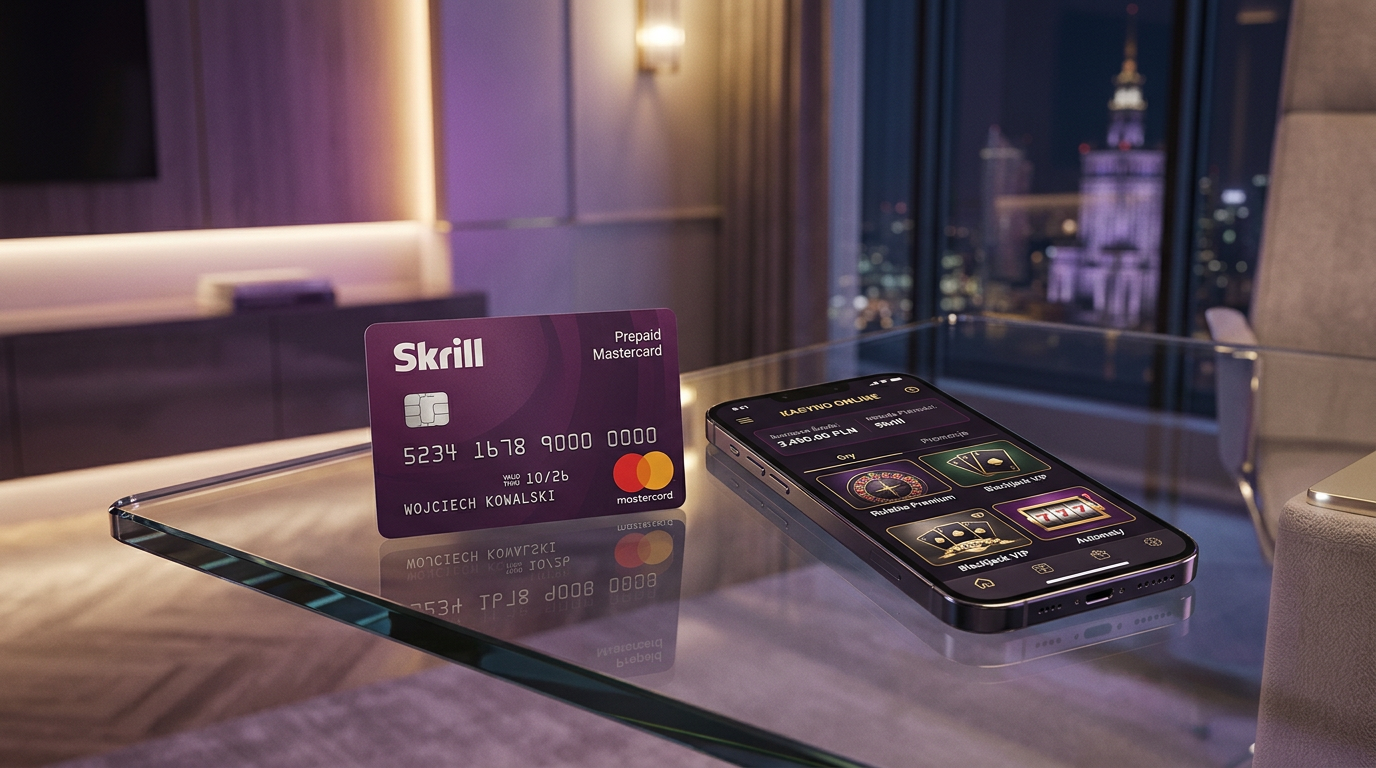 Karta Skrill Mastercard i smartfon z aplikacją kasynową na eleganckim biurku.