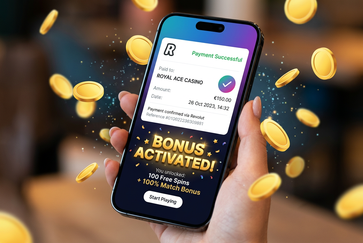 Interfejs aplikacji Revolut z powiadomieniem o transakcji kasynowej i bonusie