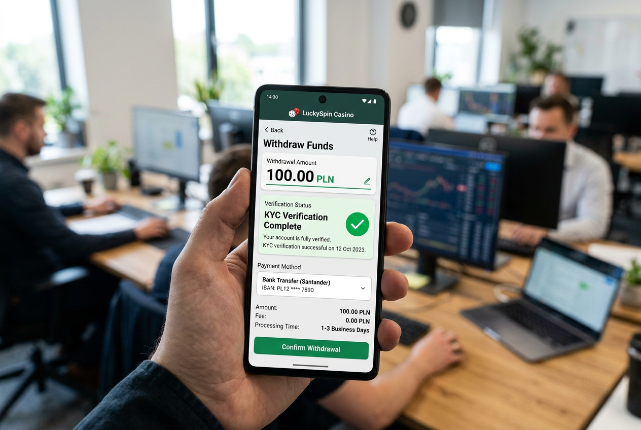 Interfejs mobilny kasyna pokazujący sekcję wypłat z minimalnym progiem 100 PLN i status weryfikacji KYC.